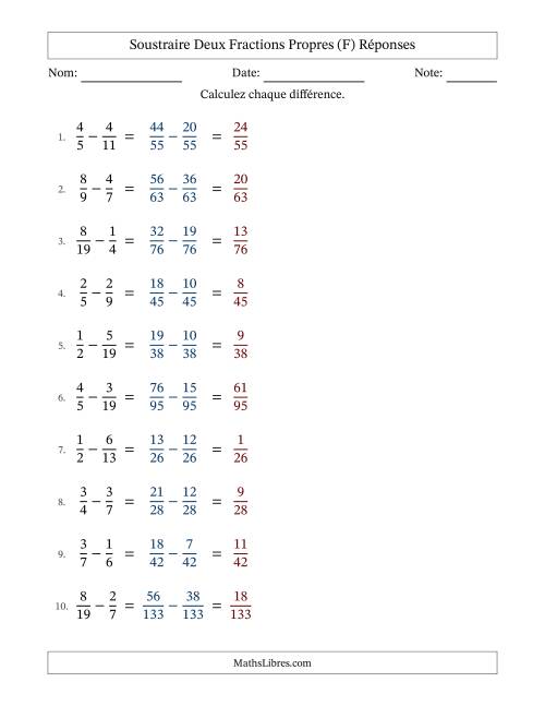 Soustraire deux fractions propres avec des dénominateurs différents, résultats en fractions propres, et sans simplification (F) page 2