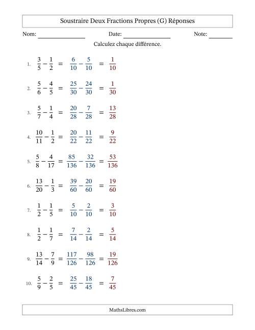 Soustraire deux fractions propres avec des dénominateurs différents, résultats en fractions propres, et sans simplification (G) page 2