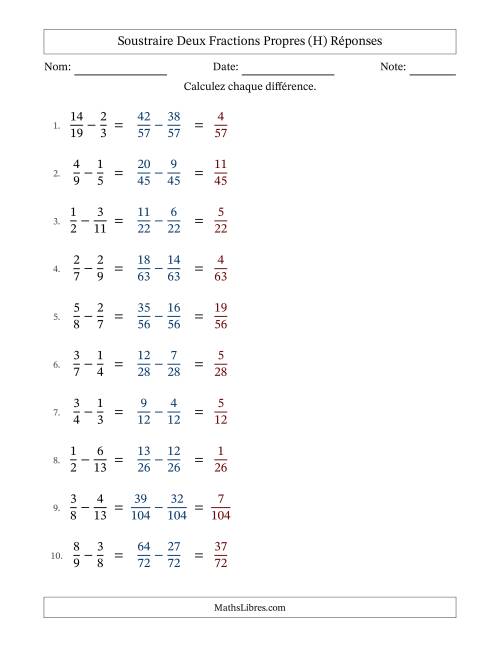 Soustraire deux fractions propres avec des dénominateurs différents, résultats en fractions propres, et sans simplification (H) page 2