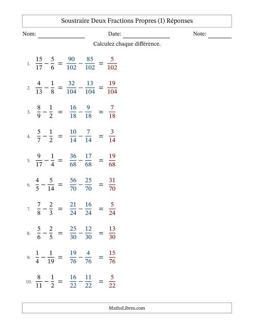 Soustraire deux fractions propres avec des dénominateurs différents, résultats en fractions propres, et sans simplification (I) page 2