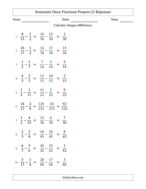 Soustraire deux fractions propres avec des dénominateurs différents, résultats en fractions propres, et sans simplification (J) page 2
