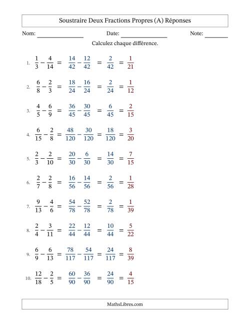 Soustraire deux fractions propres avec des dénominateurs différents, résultats en fractions propres, et avec simplification dans tous les problèmes (A) page 2