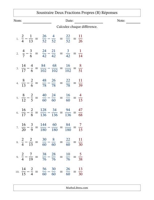 Soustraire deux fractions propres avec des dénominateurs différents, résultats en fractions propres, et avec simplification dans tous les problèmes (B) page 2