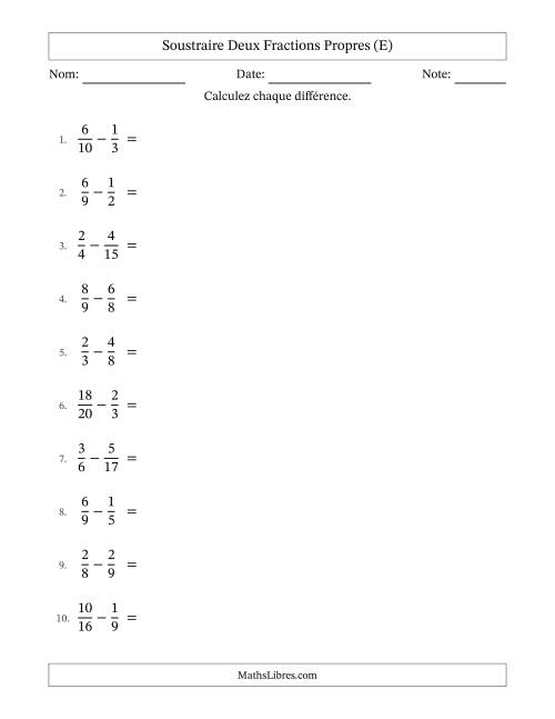 Soustraire deux fractions propres avec des dénominateurs différents, résultats en fractions propres, et avec simplification dans tous les problèmes (E)