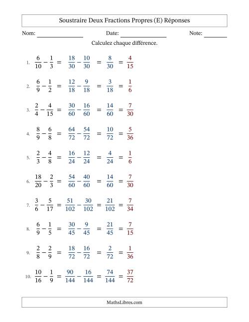 Soustraire deux fractions propres avec des dénominateurs différents, résultats en fractions propres, et avec simplification dans tous les problèmes (E) page 2