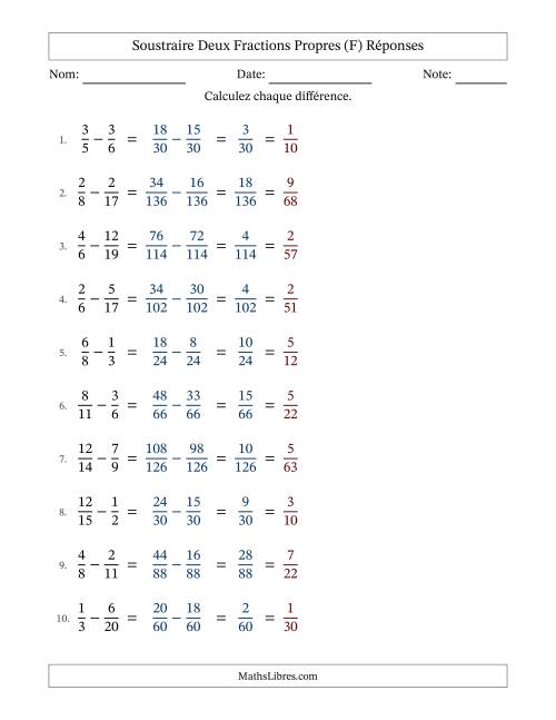 Soustraire deux fractions propres avec des dénominateurs différents, résultats en fractions propres, et avec simplification dans tous les problèmes (F) page 2