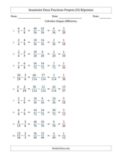 Soustraire deux fractions propres avec des dénominateurs différents, résultats en fractions propres, et avec simplification dans tous les problèmes (H) page 2