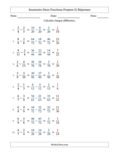 Soustraire deux fractions propres avec des dénominateurs différents, résultats en fractions propres, et avec simplification dans tous les problèmes (I) page 2