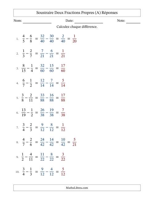 Soustraire deux fractions propres avec des dénominateurs différents, résultats en fractions propres, et avec simplification dans quelques problèmes (A) page 2