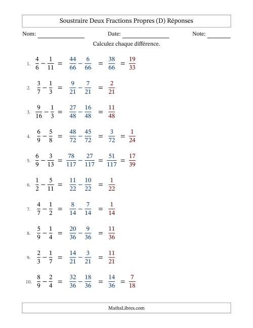 Soustraire deux fractions propres avec des dénominateurs différents, résultats en fractions propres, et avec simplification dans quelques problèmes (D) page 2