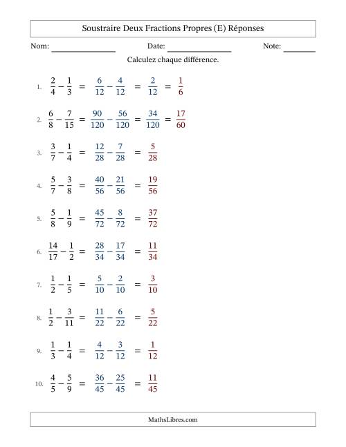 Soustraire deux fractions propres avec des dénominateurs différents, résultats en fractions propres, et avec simplification dans quelques problèmes (E) page 2