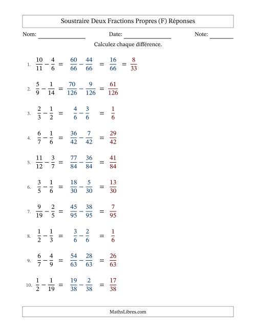 Soustraire deux fractions propres avec des dénominateurs différents, résultats en fractions propres, et avec simplification dans quelques problèmes (F) page 2