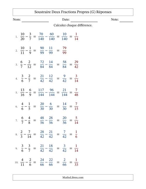 Soustraire deux fractions propres avec des dénominateurs différents, résultats en fractions propres, et avec simplification dans quelques problèmes (G) page 2
