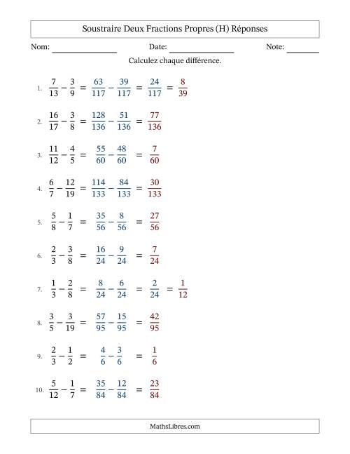 Soustraire deux fractions propres avec des dénominateurs différents, résultats en fractions propres, et avec simplification dans quelques problèmes (H) page 2