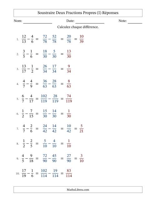 Soustraire deux fractions propres avec des dénominateurs différents, résultats en fractions propres, et avec simplification dans quelques problèmes (I) page 2