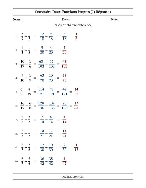 Soustraire deux fractions propres avec des dénominateurs différents, résultats en fractions propres, et avec simplification dans quelques problèmes (J) page 2