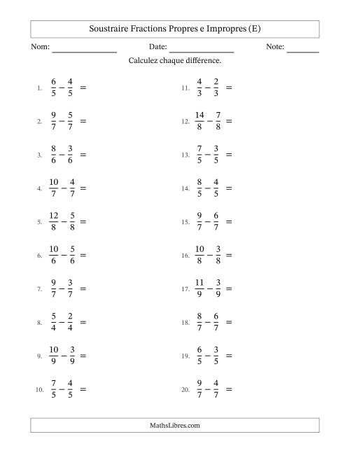 Soustraire fractions propres e impropres avec des dénominateurs égaux, résultats en fractions propres, et sans simplification (E)