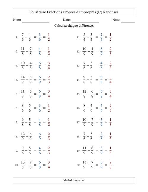 Soustraire fractions propres e impropres avec des dénominateurs égaux, résultats en fractions propres, et avec simplification dans tous les problèmes (C) page 2