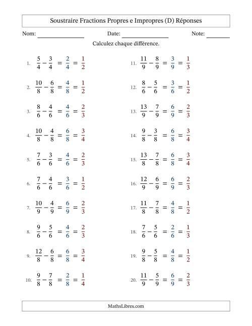 Soustraire fractions propres e impropres avec des dénominateurs égaux, résultats en fractions propres, et avec simplification dans tous les problèmes (D) page 2