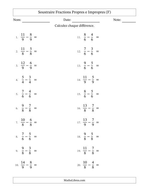 Soustraire fractions propres e impropres avec des dénominateurs égaux, résultats en fractions propres, et avec simplification dans tous les problèmes (F)