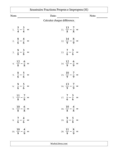 Soustraire fractions propres e impropres avec des dénominateurs égaux, résultats en fractions propres, et avec simplification dans tous les problèmes (H)