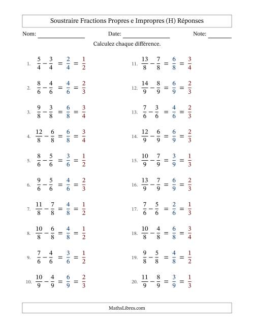 Soustraire fractions propres e impropres avec des dénominateurs égaux, résultats en fractions propres, et avec simplification dans tous les problèmes (H) page 2