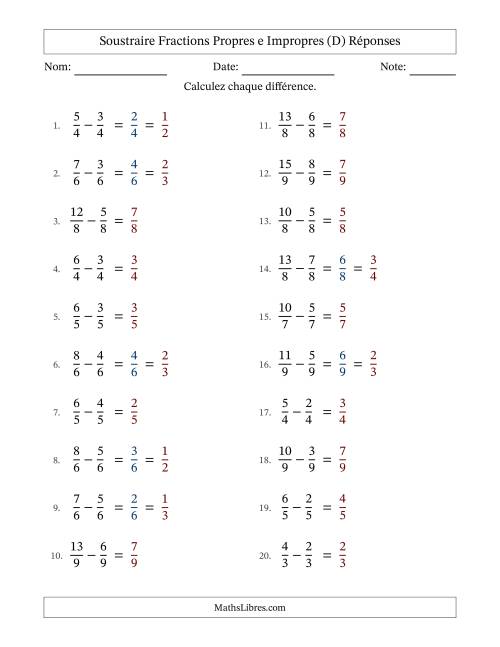 Soustraire fractions propres e impropres avec des dénominateurs égaux, résultats en fractions propres, et avec simplification dans quelques problèmes (D) page 2