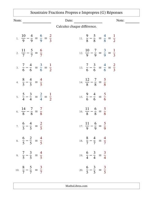 Soustraire fractions propres e impropres avec des dénominateurs égaux, résultats en fractions propres, et avec simplification dans quelques problèmes (G) page 2