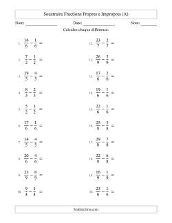 Soustraire fractions propres e impropres avec des dénominateurs égaux, résultats en fractions mixtes, et avec simplification dans tous les problèmes