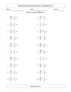 Soustraire fractions propres e impropres avec des dénominateurs égaux, résultats en fractions mixtes, et avec simplification dans quelques problèmes