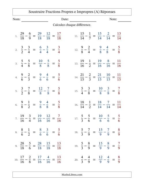 Soustraire fractions propres e impropres avec des dénominateurs similaires, résultats en fractions propres, et sans simplification (A) page 2