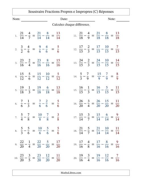 Soustraire fractions propres e impropres avec des dénominateurs similaires, résultats en fractions propres, et sans simplification (C) page 2