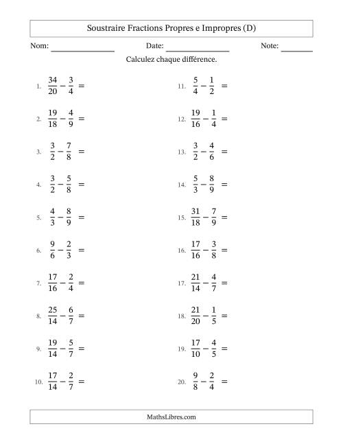 Soustraire fractions propres e impropres avec des dénominateurs similaires, résultats en fractions propres, et sans simplification (D)