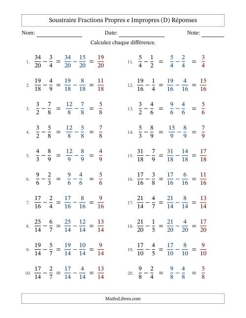 Soustraire fractions propres e impropres avec des dénominateurs similaires, résultats en fractions propres, et sans simplification (D) page 2