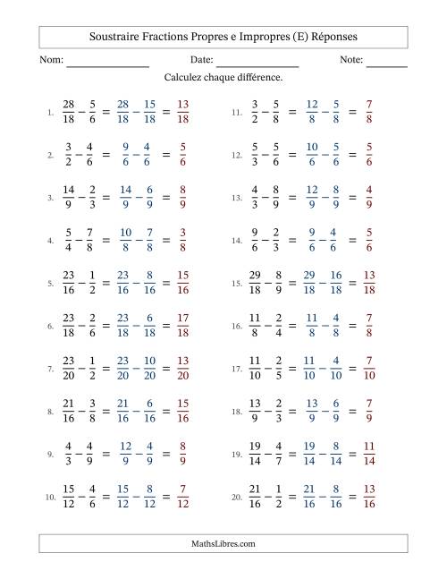 Soustraire fractions propres e impropres avec des dénominateurs similaires, résultats en fractions propres, et sans simplification (E) page 2