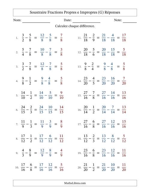 Soustraire fractions propres e impropres avec des dénominateurs similaires, résultats en fractions propres, et sans simplification (G) page 2