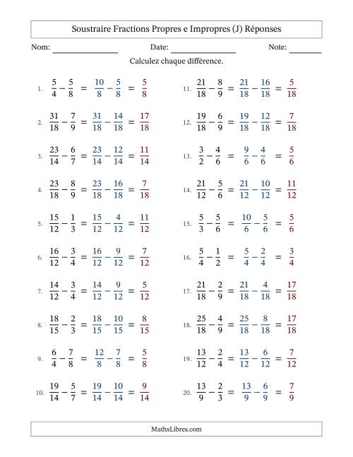 Soustraire fractions propres e impropres avec des dénominateurs similaires, résultats en fractions propres, et sans simplification (J) page 2