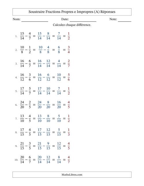 Soustraire fractions propres e impropres avec des dénominateurs similaires, résultats en fractions propres, et avec simplification dans tous les problèmes (A) page 2