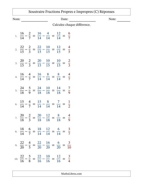 Soustraire fractions propres e impropres avec des dénominateurs similaires, résultats en fractions propres, et avec simplification dans tous les problèmes (C) page 2