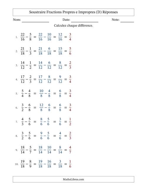 Soustraire fractions propres e impropres avec des dénominateurs similaires, résultats en fractions propres, et avec simplification dans tous les problèmes (D) page 2