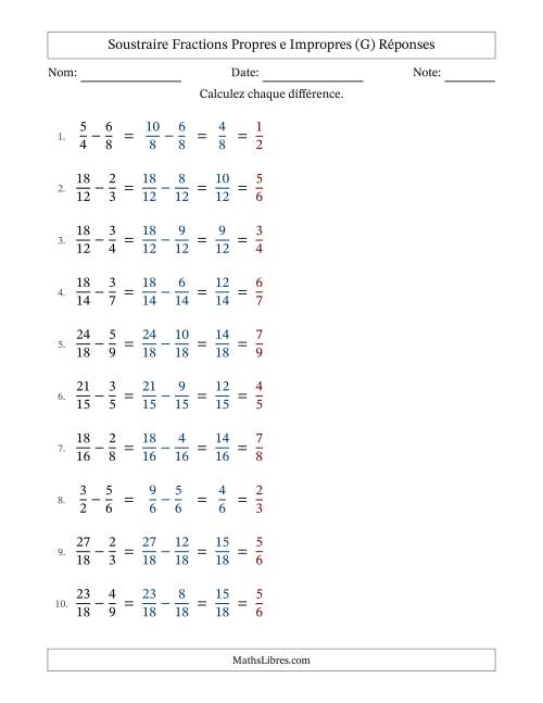 Soustraire fractions propres e impropres avec des dénominateurs similaires, résultats en fractions propres, et avec simplification dans tous les problèmes (G) page 2