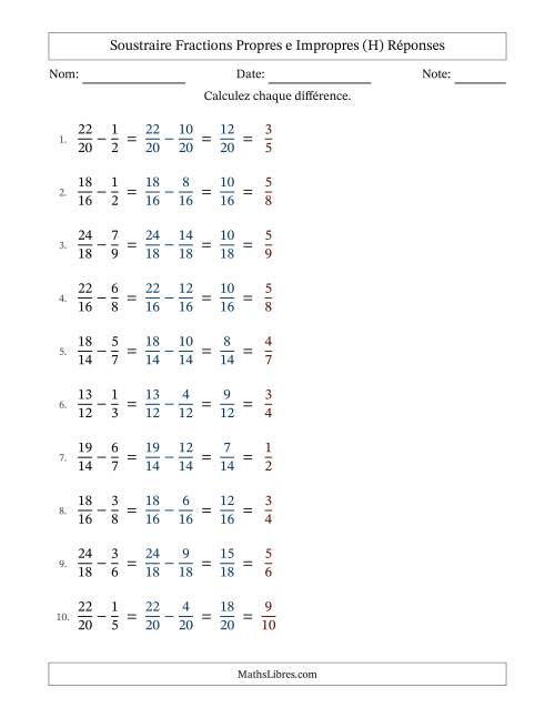 Soustraire fractions propres e impropres avec des dénominateurs similaires, résultats en fractions propres, et avec simplification dans tous les problèmes (H) page 2