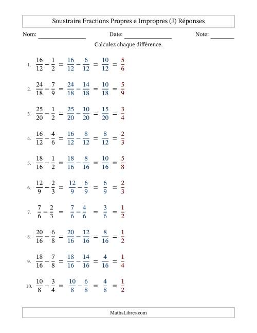 Soustraire fractions propres e impropres avec des dénominateurs similaires, résultats en fractions propres, et avec simplification dans tous les problèmes (J) page 2