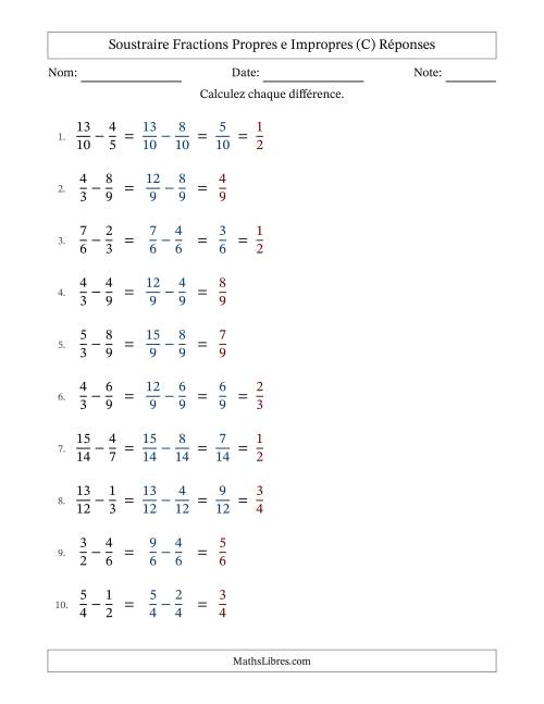 Soustraire fractions propres e impropres avec des dénominateurs similaires, résultats en fractions propres, et avec simplification dans quelques problèmes (C) page 2