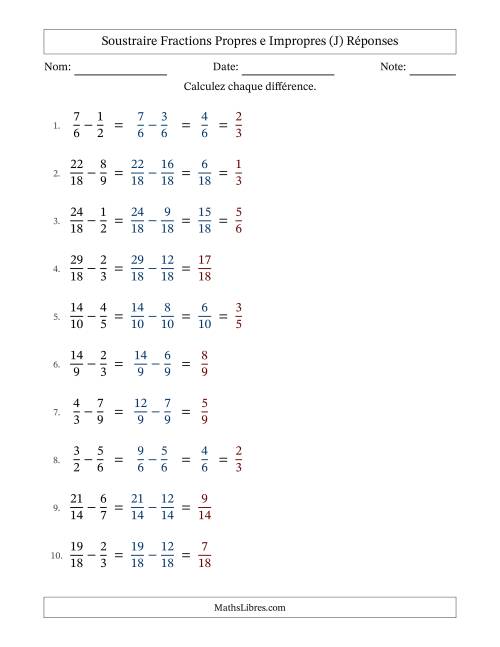 Soustraire fractions propres e impropres avec des dénominateurs similaires, résultats en fractions propres, et avec simplification dans quelques problèmes (J) page 2