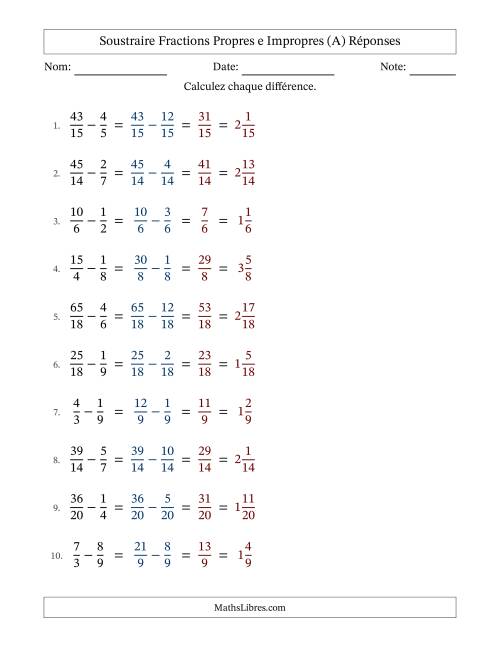 Soustraire fractions propres e impropres avec des dénominateurs similaires, résultats en fractions mixtes, et sans simplification (A) page 2