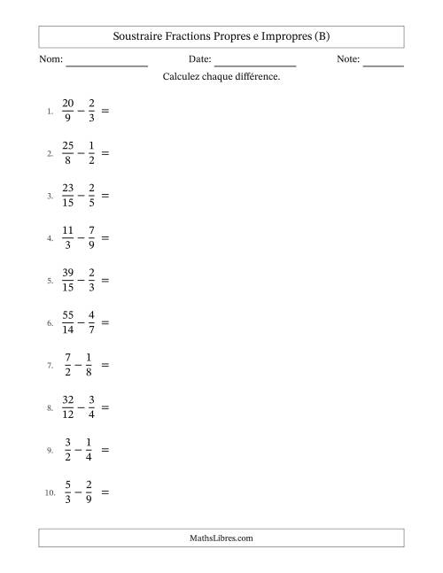 Soustraire fractions propres e impropres avec des dénominateurs similaires, résultats en fractions mixtes, et sans simplification (B)