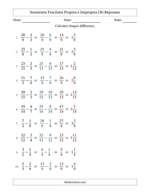 Soustraire fractions propres e impropres avec des dénominateurs similaires, résultats en fractions mixtes, et sans simplification (B) page 2