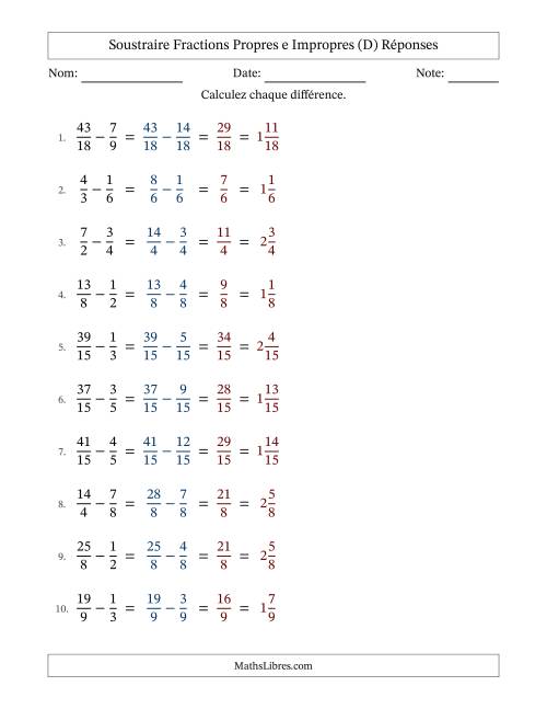 Soustraire fractions propres e impropres avec des dénominateurs similaires, résultats en fractions mixtes, et sans simplification (D) page 2