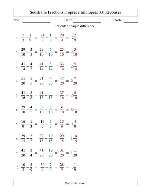 Soustraire fractions propres e impropres avec des dénominateurs similaires, résultats en fractions mixtes, et sans simplification (G) page 2